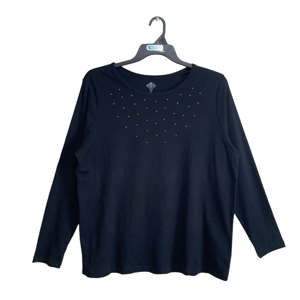 St. John’s Bay Top Women's Size 1X Black Silver Studded Long Sleeve Stretch Knit